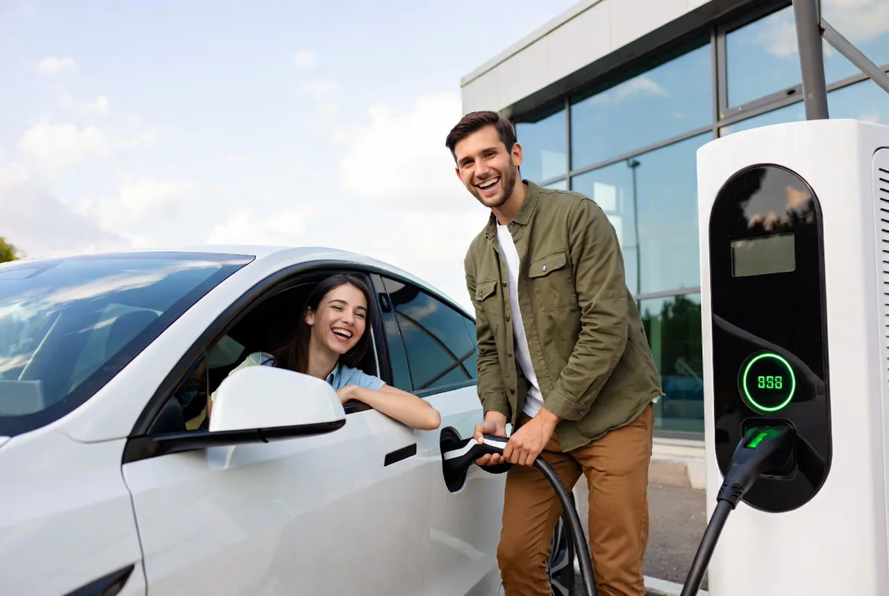 Glückliches Paar lädt ihr Elektroauto an einer modernen Ladestation